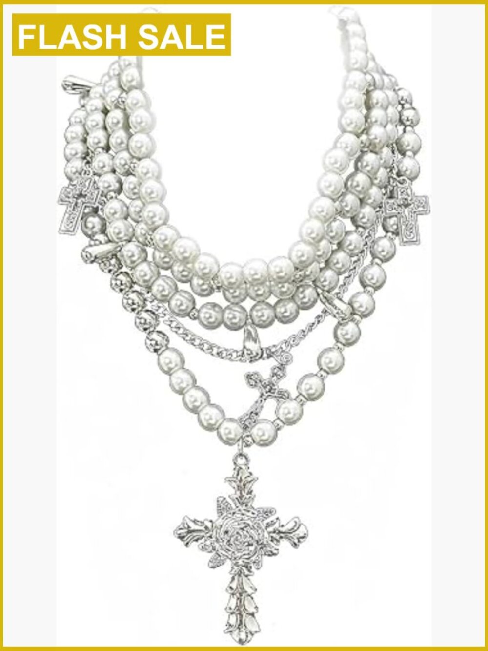5-Layer Pearl Cross Necklace Gothic Chunky Silver Stacked Choker for Women